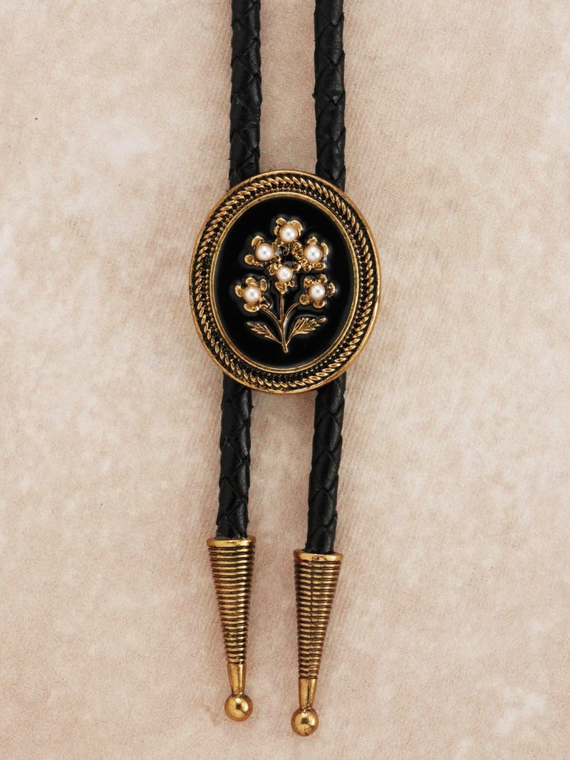 Vintage Gold Floral Oval Pearl Bolo Tie: Wedding Necklace for Men Women, Leather cord wedding flower