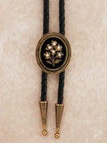 Vintage Gold Floral Oval Pearl Bolo Tie: Wedding Necklace for Men Women, Leather cord wedding flower