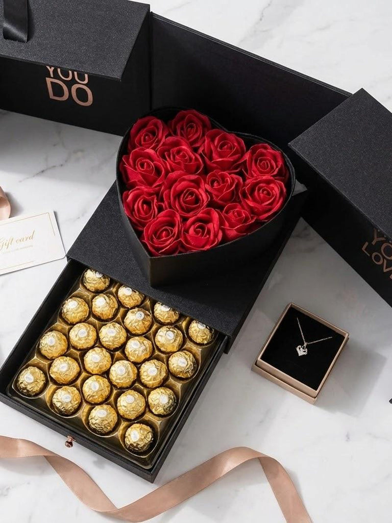 Heart Flower Box with Drawer Ð Eternal Faux Roses & Ferrero Rocher ANNIVERSARY