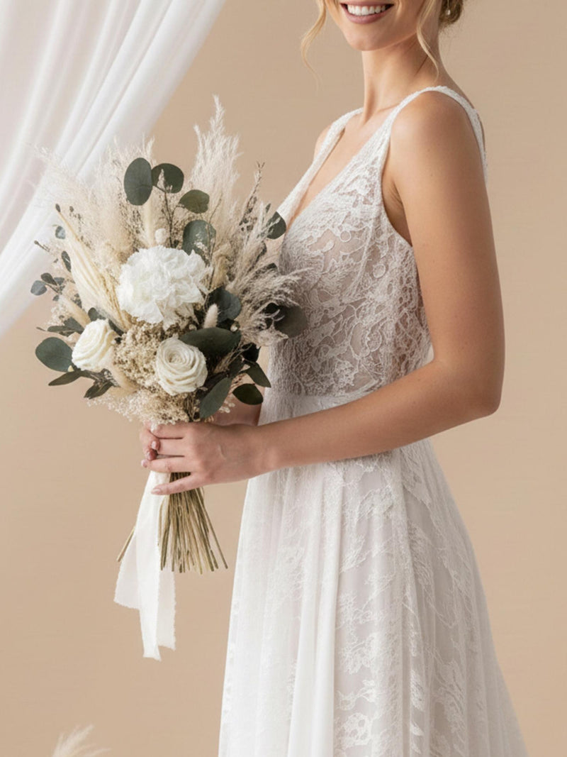Boho Eucalyptus Dried Flower Bridal Bouquet, Boho Wedding Flower Bouquet