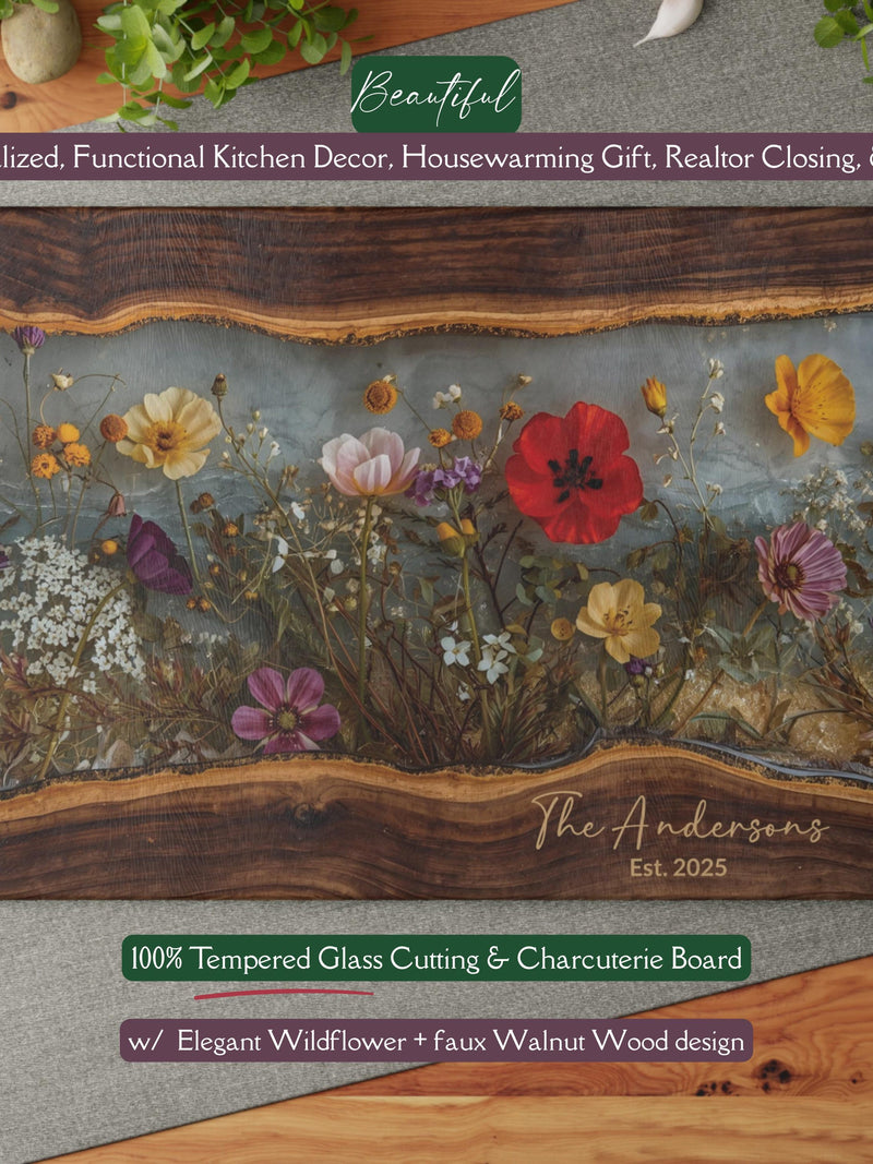 Personalized Wildflower Epoxy-Inspired *Glass* Cutting & Serving Board Flower Cutting Board Floral Charcuterie Tray Custom Name Wedding Gift house warming flower