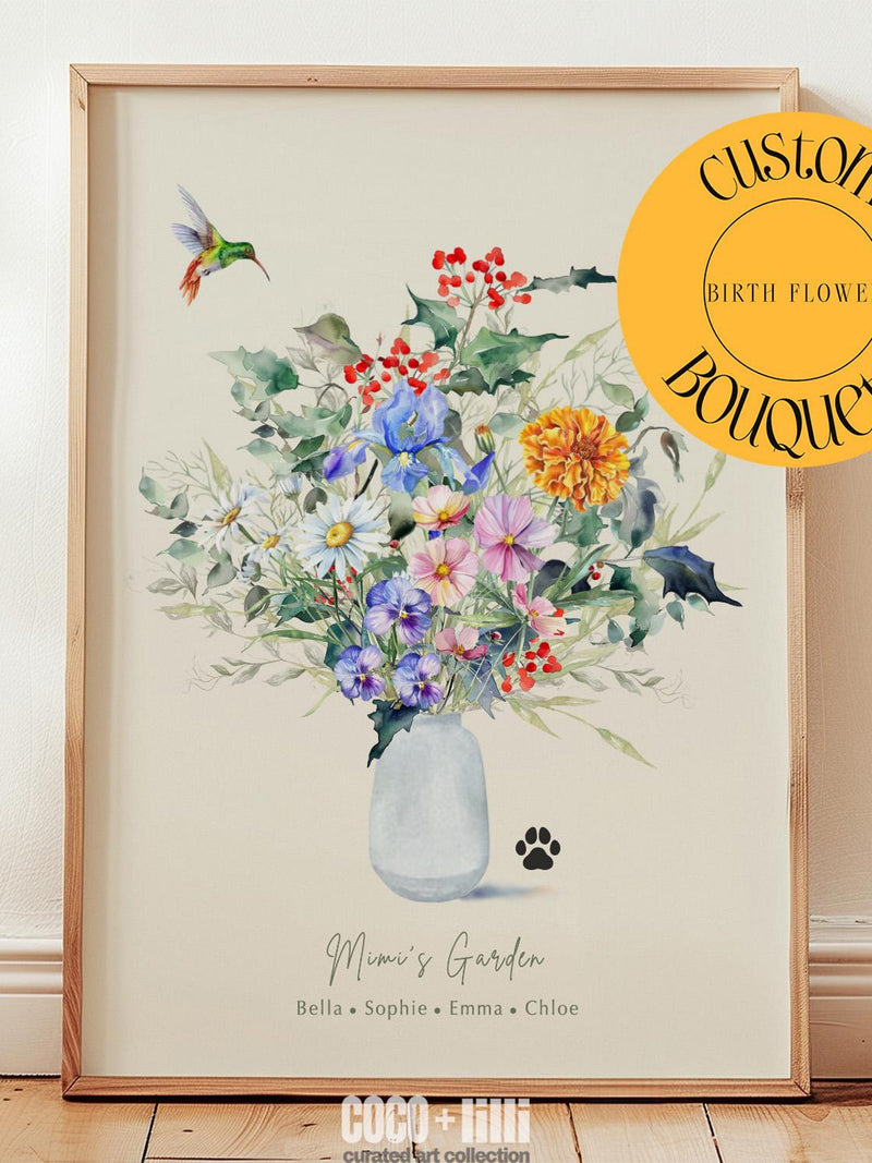 Family Birth Flower Bouquet, Watercolor Flowers Personalized Gift, Birth Month Art, Grandmas Garden Painting ANNIVERSARY