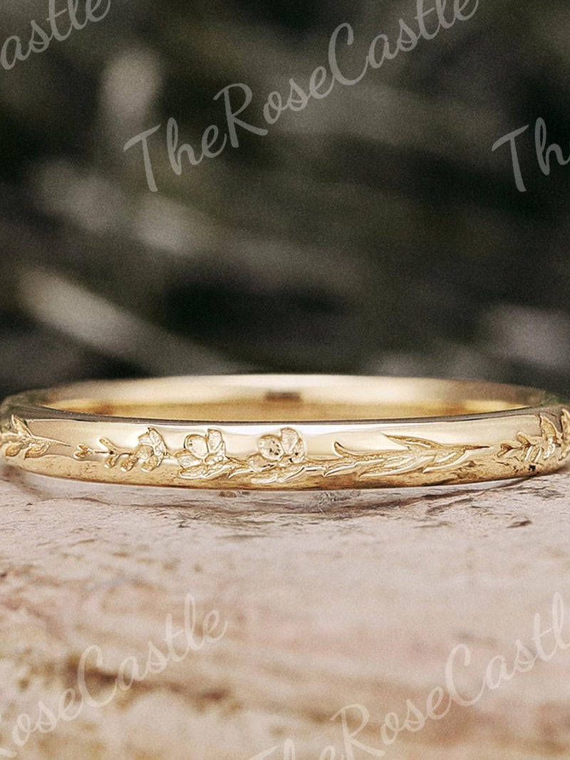 D-Shape 2MM Birth Flower Ring Solid Gold Nature Inspired Leaf Wedding Band Stacking Matching Ring Handmake Anniversary Rings For Women ANNIVERSARY