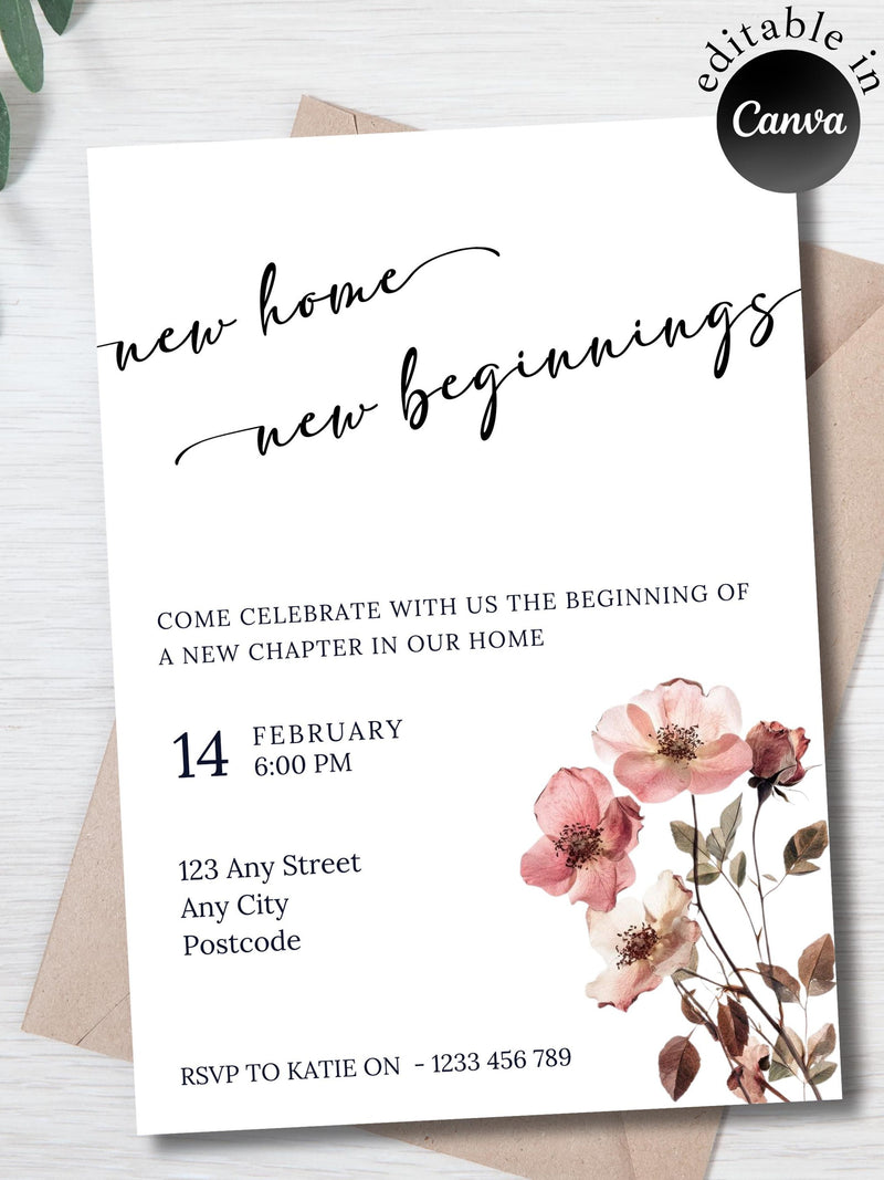 Housewarming Party Invitation | New Home New Beginnings Invite | Canva Template | E Invite | Fully Editable | Floral Housewarming Invite house warming flower