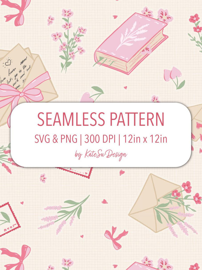 Coquette Valentine Seamless Pattern PNG File Hand Drawn Cute Preppy Love Letter Envelope Heart Shape Flower Book Fabric Print Digital Paper Love Romance Flower