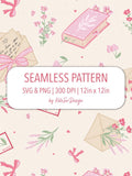 Coquette Valentine Seamless Pattern PNG File Hand Drawn Cute Preppy Love Letter Envelope Heart Shape Flower Book Fabric Print Digital Paper Love Romance Flower
