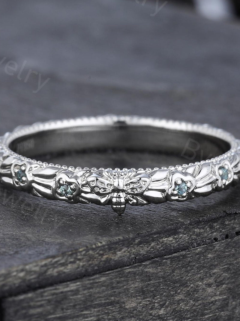 Unique Flower Alexandrite wedding band Bee ring White gold ring Full eternity band Stackable ring Bridal ring Promise ring Anniversary ring ANNIVERSARY