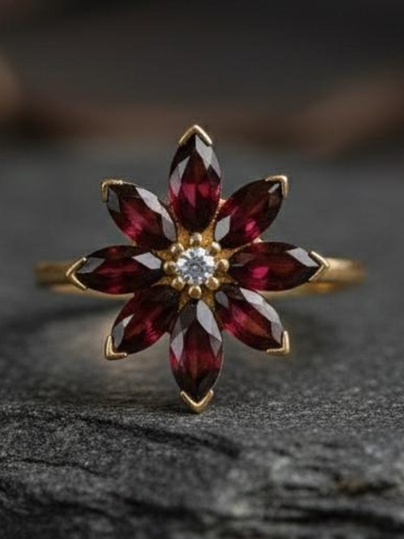 Marquise Cut Garnet & Moissanite Flower Engagement Ring, Floral Statement Anniversary Gift Ring, Art Deco Stackable Proposal Ring For Her ANNIVERSARY