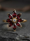 Marquise Cut Garnet & Moissanite Flower Engagement Ring, Floral Statement Anniversary Gift Ring, Art Deco Stackable Proposal Ring For Her ANNIVERSARY