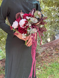 Burgundy White Red Cascading Wedding Bouquet: Burgundy Amaranthus, Burgundy Anthurium, Maroon Roses with Eucalyptus leaves silk flowers Bouquet