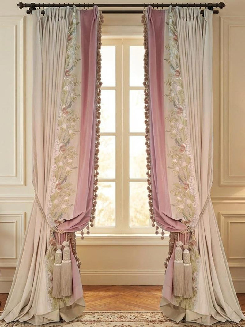 Pink velvet embroidered floral curtains with beaded tassel tiebacks
