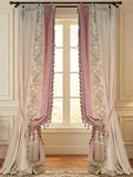 Pink velvet embroidered floral curtains with beaded tassel tiebacks
