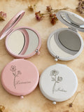 Personalized compact mirror set, pink and white round with engraved flowers and names