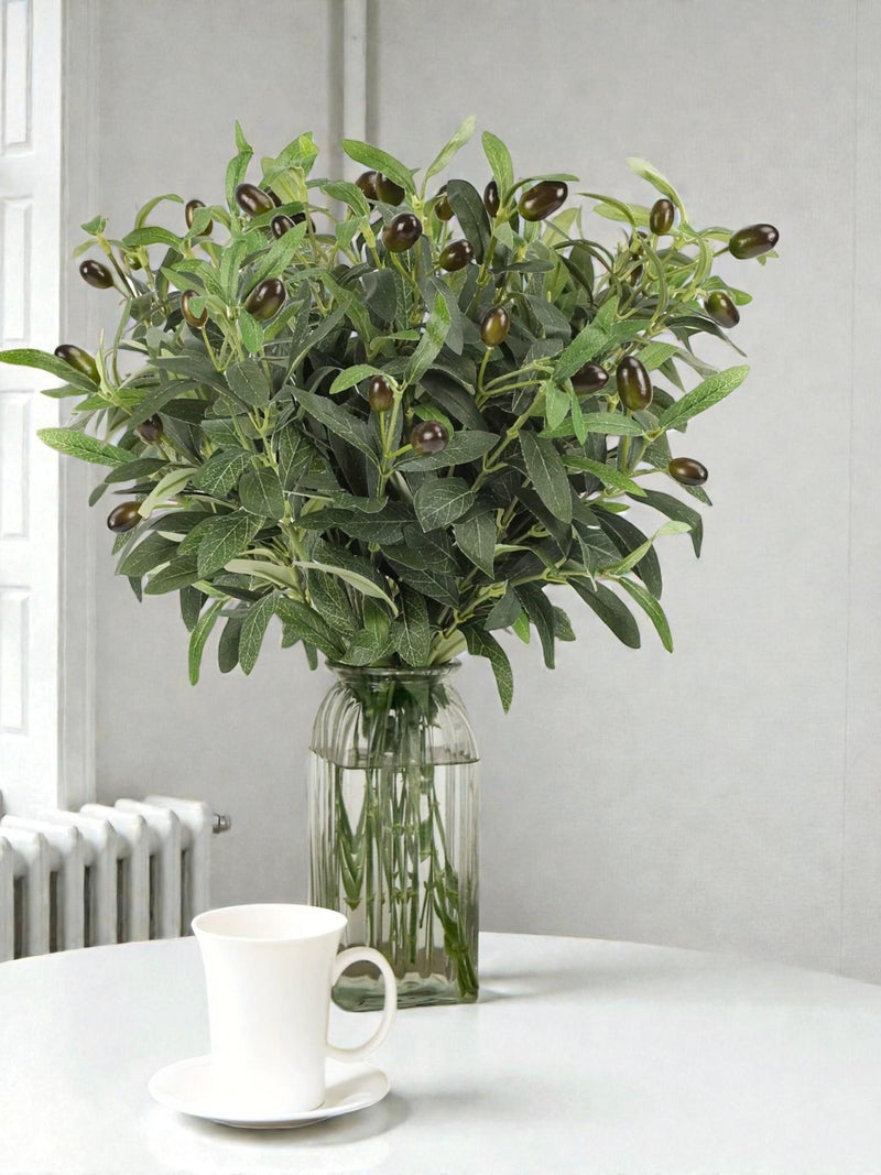 Realistic Artificial Olive Branch - Faux Mediterranean Greenery for Home & Wedding Decor - Modern Silk Leaf Stem - Tall Vase Filler faux plants
