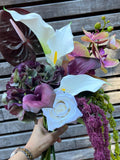 White burgundy emerald Cascading Bridal Wedding Bouquet: anthurium, amaranthus, orchid, calla lily, hydrangea and rose Bouquet