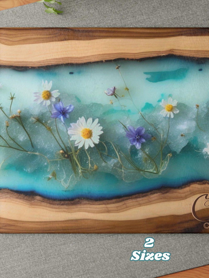 Charcuterie Flower Glass Cutting Board Personalized, Aqua Resin River Wildflower Design #2, Kitchen Decor Housewarming Wedding gift homeware house warming flower