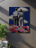 Couple in Flower Field Canvas Wall Art, Pop Surrealism Love Print with Clouds and Patterned Suits, Emotional Modern Art for Romantic Decor Love Romance Flower