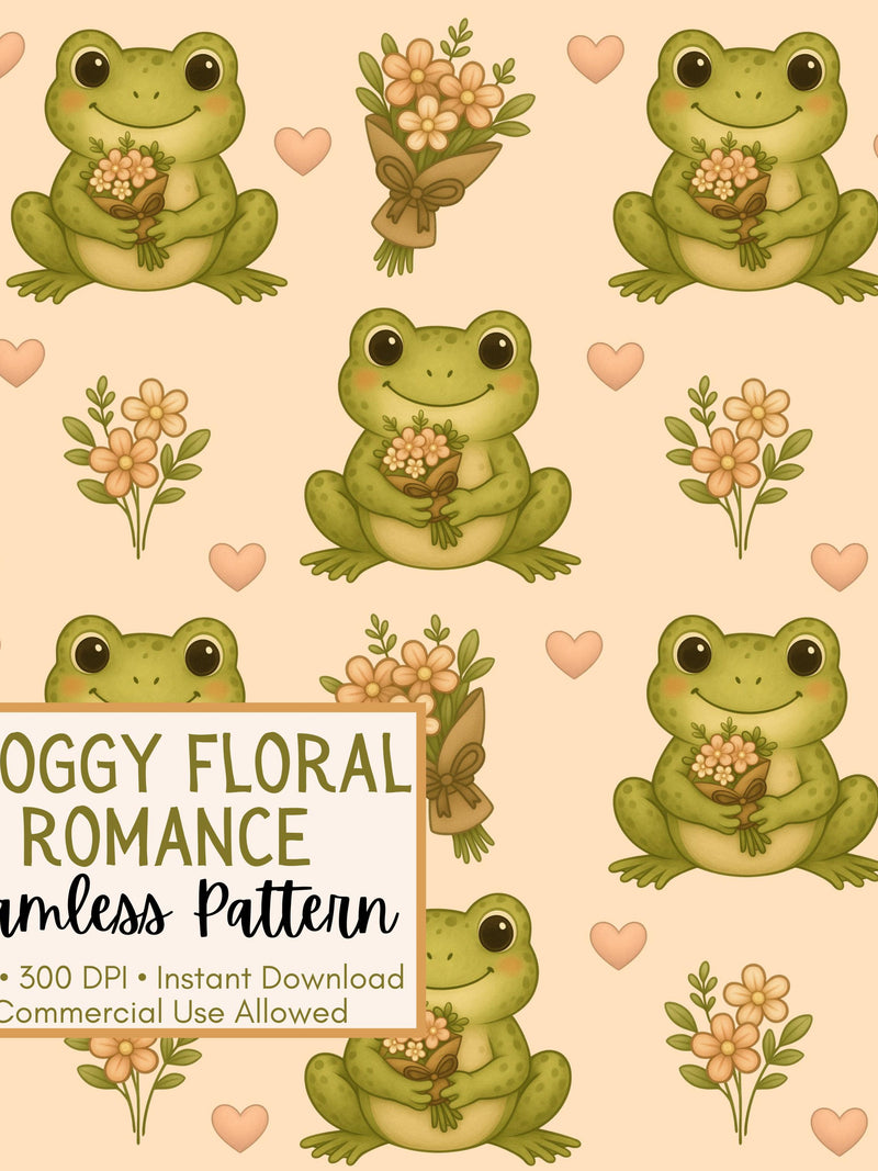 Froggy Floral Romance Seamless Pattern | Frog with Flowers Digital Paper | Cute Valentine Floral Pattern | Cottagecore Frog Design Love Romance Flower