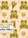 Froggy Floral Romance Seamless Pattern | Frog with Flowers Digital Paper | Cute Valentine Floral Pattern | Cottagecore Frog Design Love Romance Flower