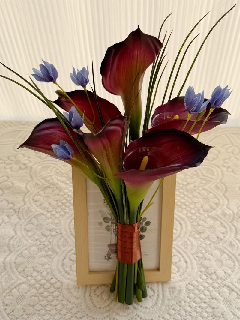 Minimalist Burgundy Fan Shape Calla Lily & Blue Bridal Bouquet Bridesmaid Bouquets Bouquet