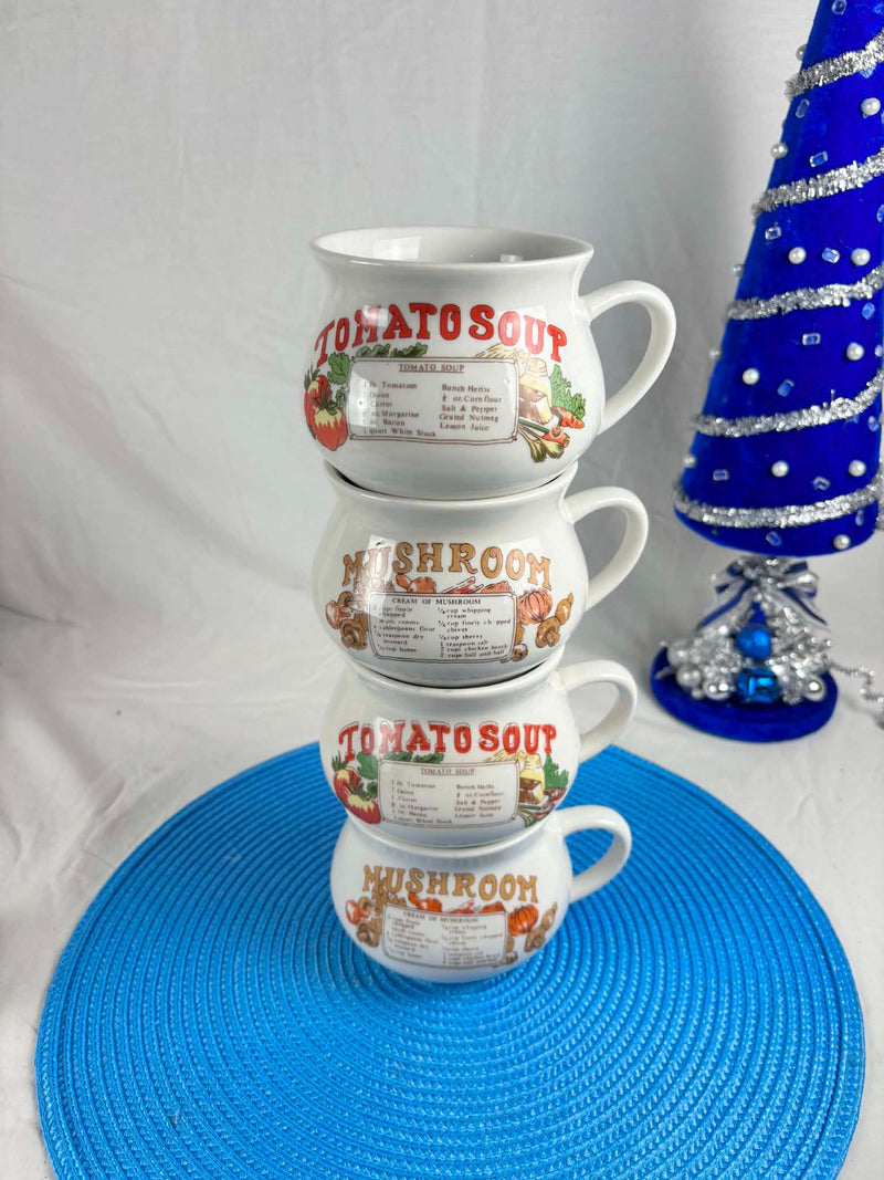 Vintage set of 4 soup bowls for Tomato Soup and Mushroom recipes Ñ 1980s retro ceramic, handmade, Made in China flower spore