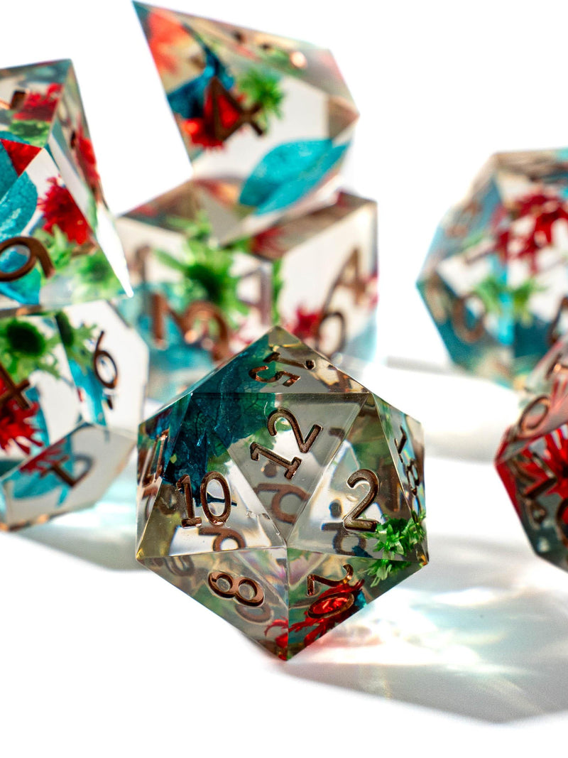 Flower Field DnD Dice Set, Gorgeous Dungeons and Dragons Dice Set for dnd Gifts, Black dice, Flowers Inside! FLOWER DELIVERY