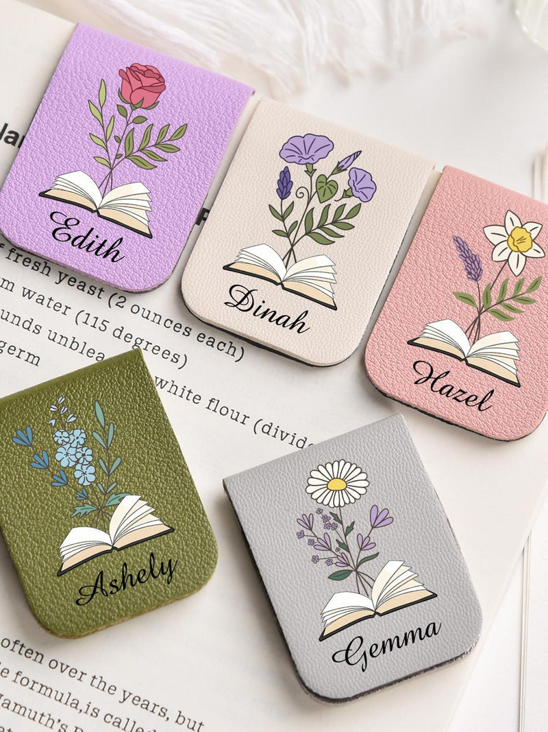 Birth Month Flower Magnetic Bookmark, Personalized Vegan Leather Name Bookmark for Women, Custom Book Lover Gift, Floral Magnet Page Marker ANNIVERSARY