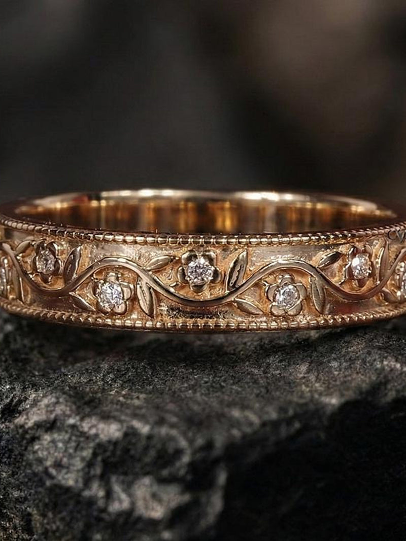 Round Moissanite Milgrain Design Wedding Band, Floral Engagement Ring Band, Vintage Look Anniversary Ring, Filgree Design Band Ring For Her ANNIVERSARY