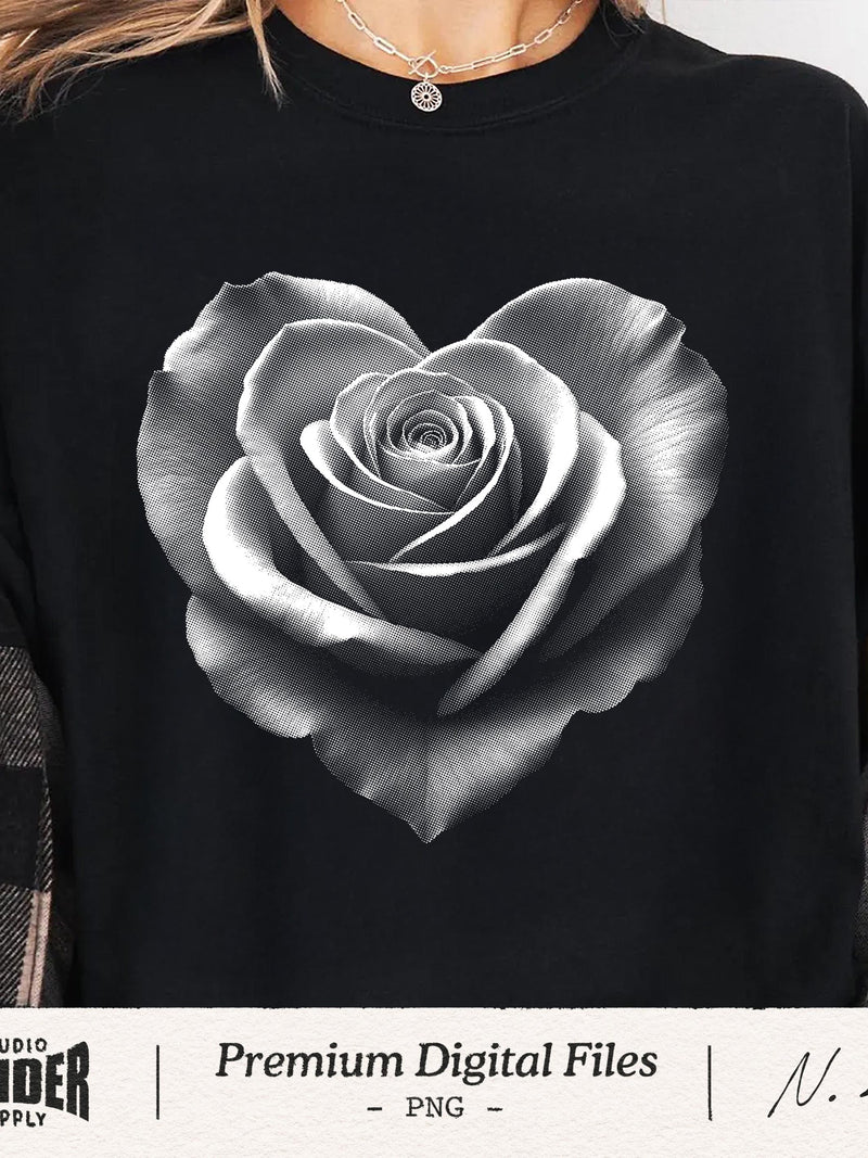 Heart Rose PNG, Halftone Flower Shirt Design, Vintage Valentine Clipart, Romantic Floral Art Png, Love Shirt Graphic, DTF DTG Print File Love Romance Flower