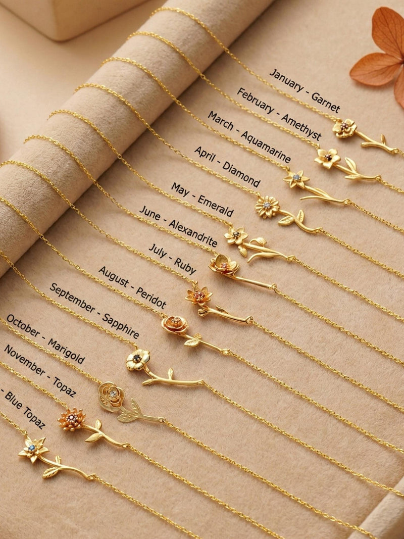 Birthstone birthflower necklace Dainty birth month Dainty 14K gold plated Family Mom necklace gift birthday flower