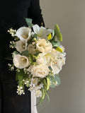 Cascading Bridal Bouquet,Lily of the valley Bouquet, calla lily bouquet,lily eucalyptus bridal bouquet,Faux bridal bouquet,white boutonni�re Bouquet