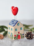 Ceramic house with red heart, Cute Sculpture, Pottery Figurines, Pottery handmade, Ceramic art, Home decor, Little heart house, Clay houses house warming flower