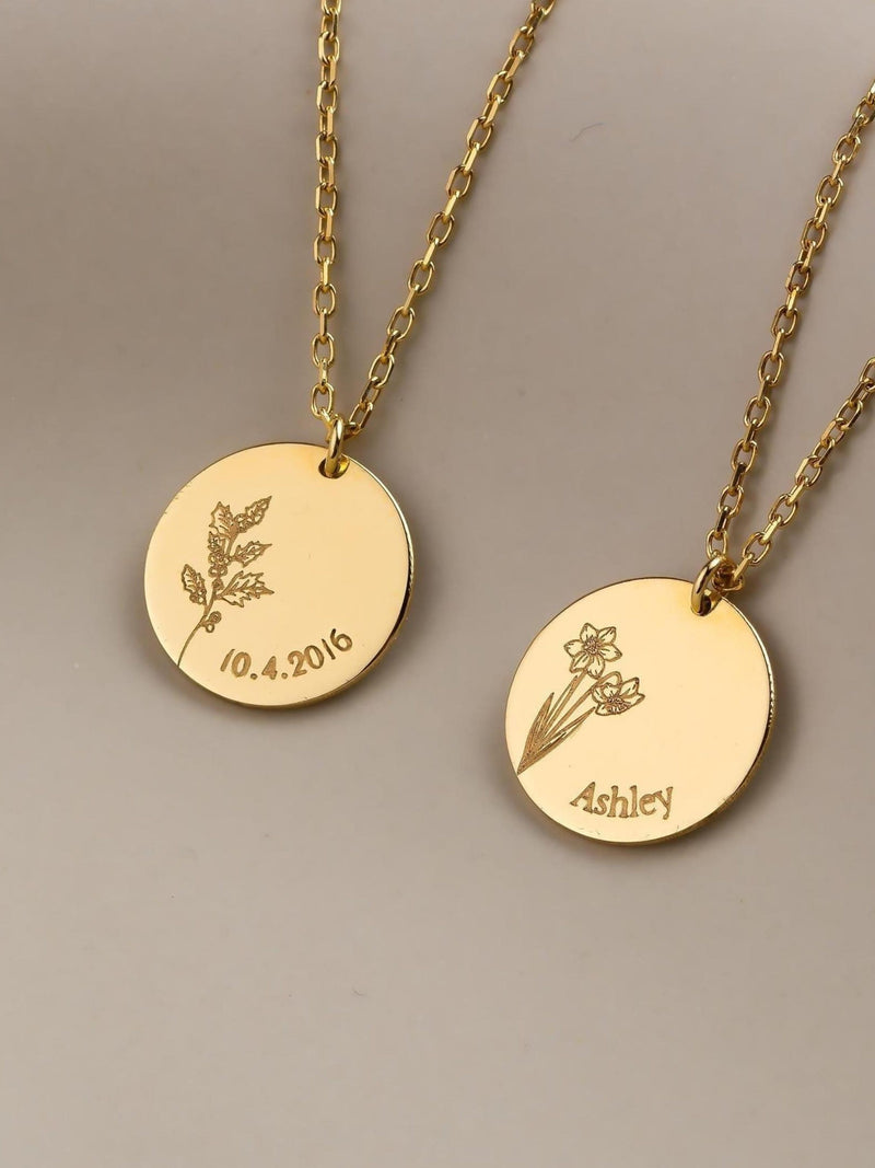 14k Gold Birth Flower and Name Necklace Ð Gold Personalized Disc Pendant with Date, Handmade Birthday Gift for Her, Birth Month Flower birthday flower