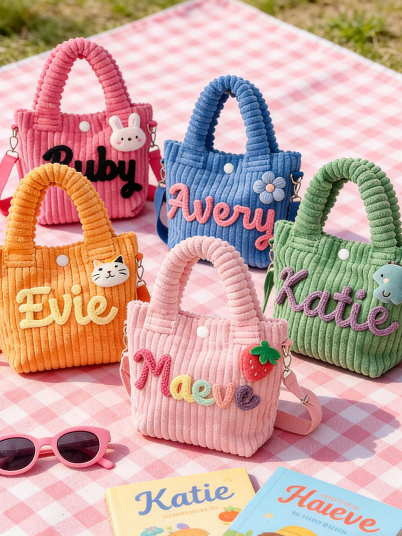 Personalized Toddler Purse with Cute Charm Custom Name Corduroy Kids Crossbody Bag/Handmade Yarn Letters/Birthday Gift Preschool Daycare Bag birthday flower