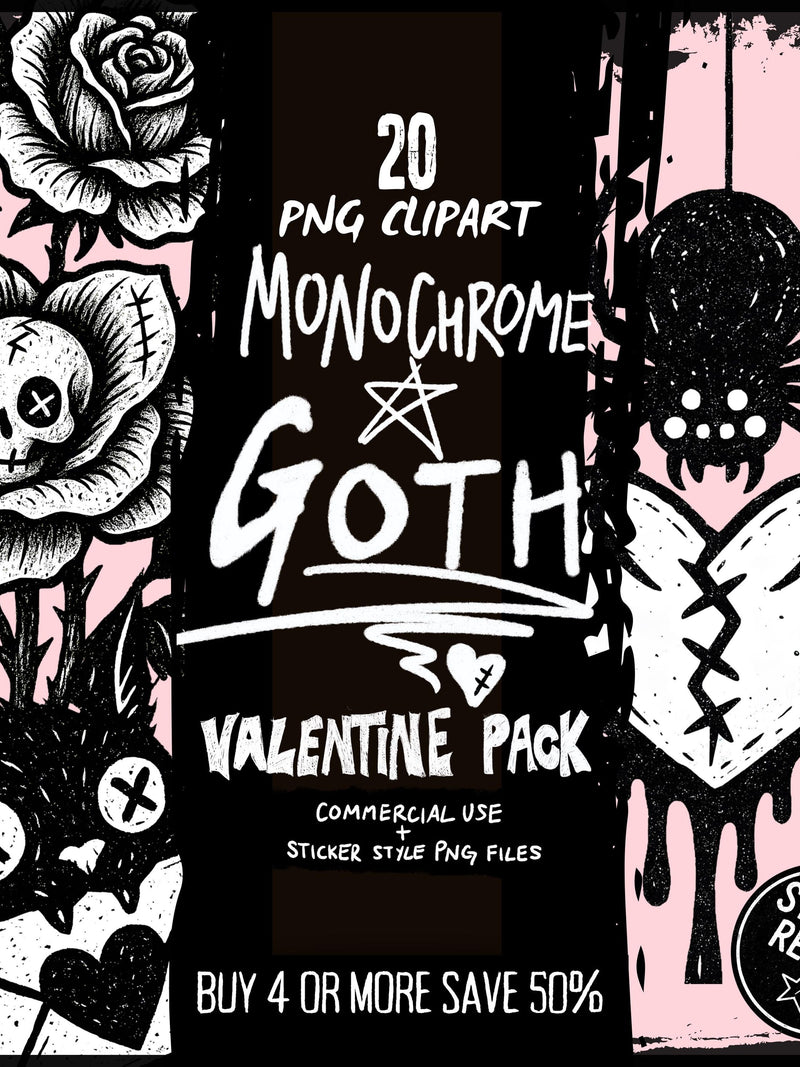 Gothic ValentineÕs Day Clipart Bundle Ð 20 Black & White PNGs of Dark Hearts and Skulls for Gothic Stickers, Junk Journals and Dark Decor Love Romance Flower