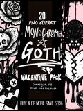 Gothic ValentineÕs Day Clipart Bundle Ð 20 Black & White PNGs of Dark Hearts and Skulls for Gothic Stickers, Junk Journals and Dark Decor Love Romance Flower