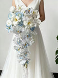 Delicate Waterfall Bouquet with Blue Orchids & White Bloom Bouquet