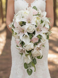 White & Blush Cascade Bridal Bouquet: Tiger Lily, Peonies, Roses Wedding Flowers - Add Corsage Boutonniere Bouquet