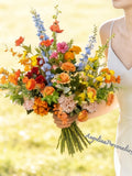 Sweet Wedding Bridal Bouquet with burt orange dusty yellow flowers, bridesmaids bouquets, fake wildflowers bouquet Tall delphiniums Bouquet