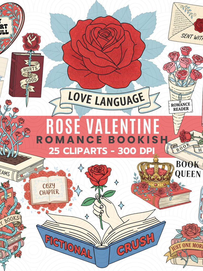 Rose Valentine Bookish Clipart | Romance PNG Set | Romantic Reading Art Love Romance Flower