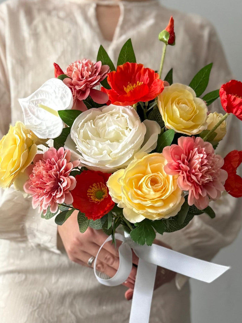 Orange poppy bridal bouquet, white peony flowers bunch, white anthurium floral, faux flowers bunch for weddings, unique wedding day gift wedding flower