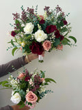 Bridal Bouquet Ð Burgundy, Pink and White Roses & Gypsophila | Faux Wedding Flowers | UK Handmade wedding flower