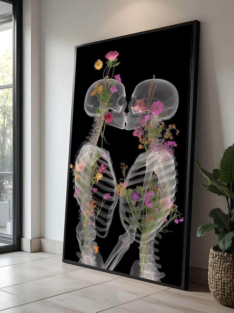 Romantic Skeletons with Floral Intrigue Canvas, X-Ray Style Love Art, Floral Anatomy Wall Decor, Unique Couple Canvas Print Love Romance Flower