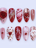 TerraNails Ð Valentine Red Rose Press On Nails, 3D Floral Accents, Heart, Love Romantic Pink-Gold Details, Elegant Love Nail Set Ð TN134 Love Romance Flower