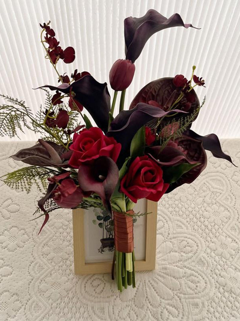 Moody Burgundy Fan Shape Floral Bridal Bouquet with Red Roses & Calla Lilies Bridesmaid Bouquet Bouquet