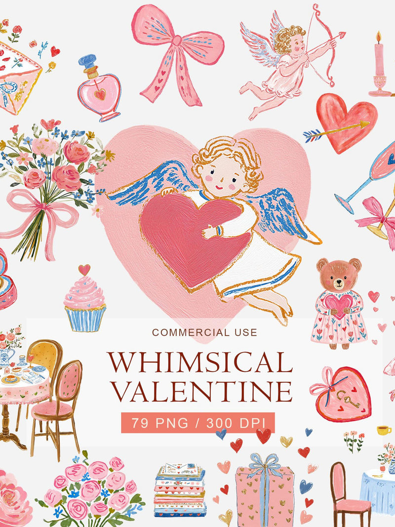 Whimsical Valentine Clipart | Cute Cupid Hearts & Roses | Pastel Watercolor Valentine PNG | Romantic Love Illustrations Love Romance Flower