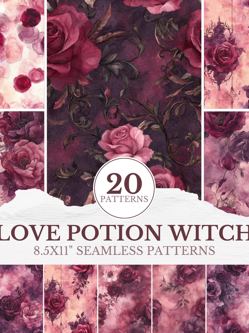 Love Potion Witch Pattern, Floral Botanical Dark Romance Pattern Set, Gothic Rose Romance Valentines Seamless Tile Pattern Scrapbook Paper Love Romance Flower