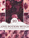 Love Potion Witch Pattern, Floral Botanical Dark Romance Pattern Set, Gothic Rose Romance Valentines Seamless Tile Pattern Scrapbook Paper Love Romance Flower