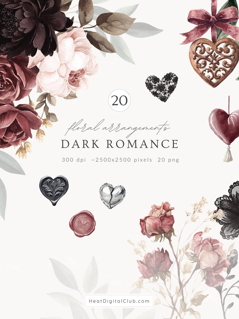 Watercolor Dark Romance Floral Arrangements Clipart, Burgundy Rose Flowers PNG, Gothic Valentine Bouquets, Cottagecore Aesthetic, Digital Love Romance Flower