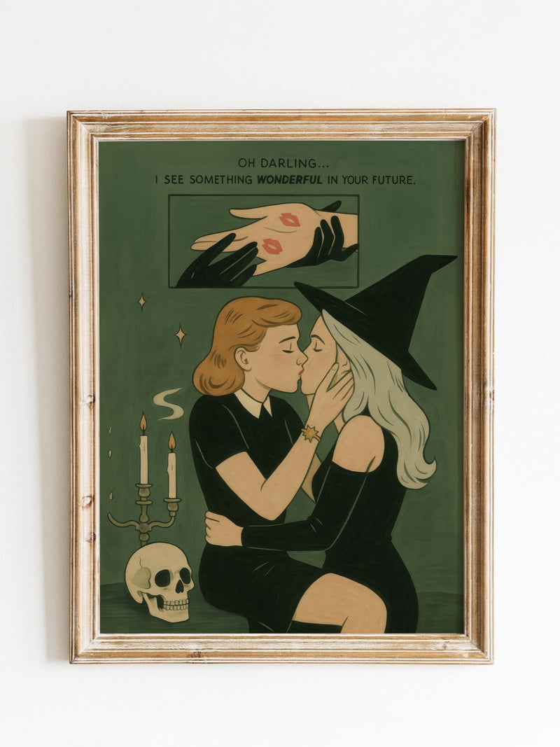 Witchy Lesbian Kiss Poster Ð Retro Queer Love Wall Art with Occult Aesthetic Love Romance Flower